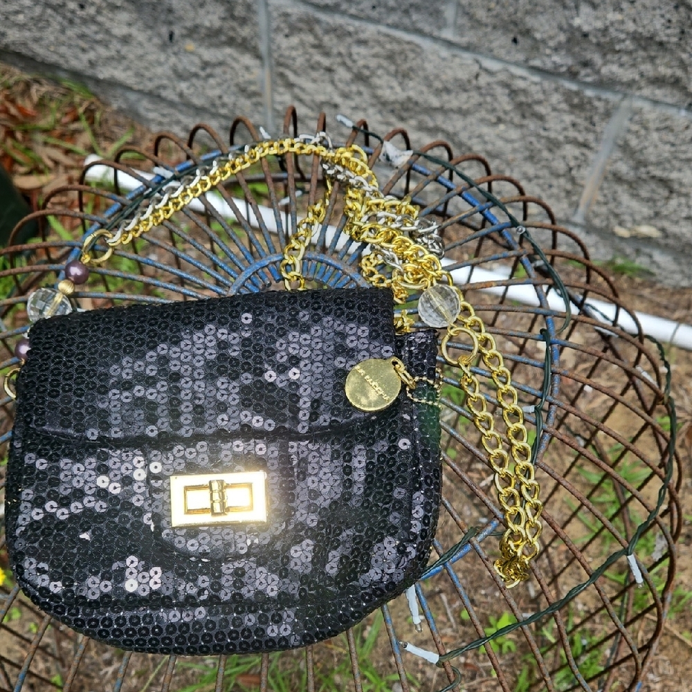 Big Buddha Y2K 90'S Black Sequin Foldover Clasplock/Dualchain Multibead EvePurse